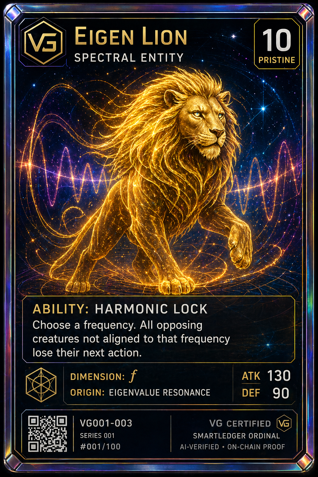 Verified Grades collectible card — Eigen Lion, VG-certified grade 10, serial #001/100, with SmartLedger ordinal proof and QR-verified digital twin